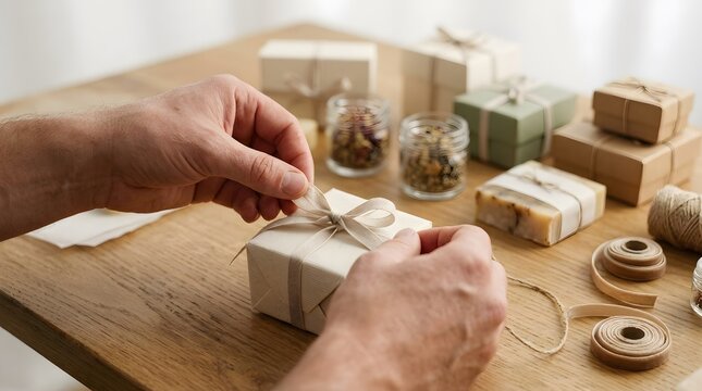 Hands wrapping a handmade soap bar with rustic twine and paper.