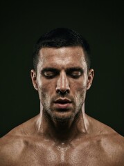 Obraz premium Intense Portrait of a Sweaty Athletic Man with Closed Eyes and Muscular Physique.