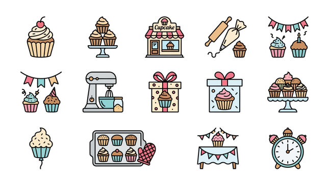 Colorful cupcake illustrations with baking elements