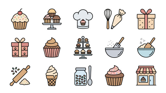 Colorful cupcake illustrations with baking tools and gifts