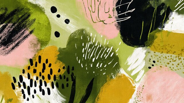 Vibrant seamless abstract non-objective pattern with mixed textures and shapes, forest green, olive green, pale pink and warm yellow wide brushstrokes, dotted clusters