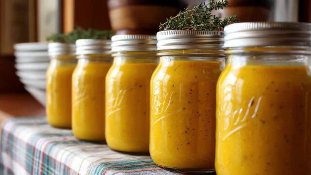 Homemade vegetable soup in mason jars on rustic shelf front jar in sharp focus Mason jars filled with butternut squash and lentil soup concept of food storage