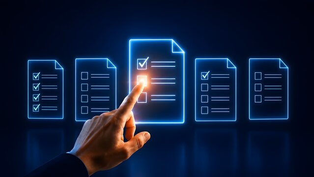 Hand touching glowing digital checklist document, businessman checking boxes on virtual screen representing digital transformation and task management