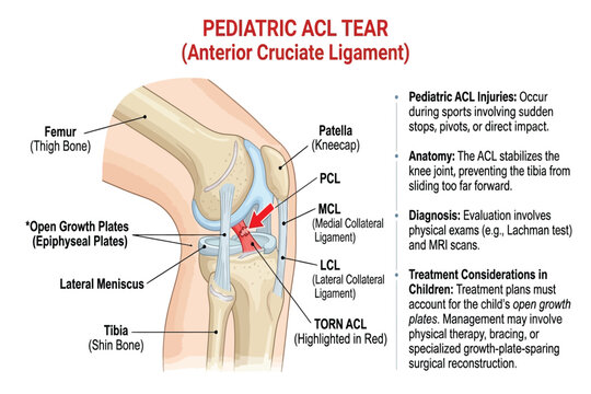 Medical illustration showing pediatric ACL tear anatomy, growth plates, and treatment considerations.