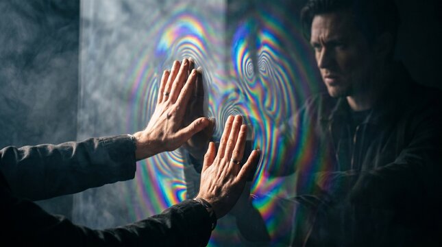 detailed Macro photo of two hands pressing against an showing abstract micro structural details and textures with professional studio lighting