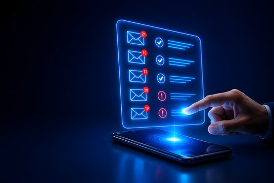 Hand interacting with glowing digital email inbox interface on smartphone showing unread messages notifications and online communication
