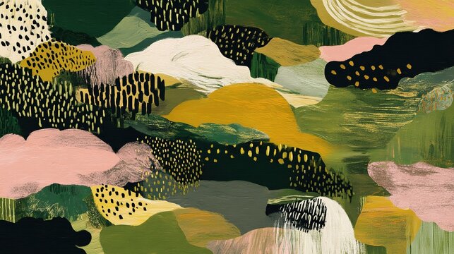 Vibrant seamless abstract non-objective pattern with mixed textures and shapes, forest green, olive green, pale pink and warm yellow wide brushstrokes, dotted clusters