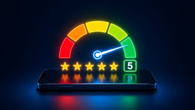 Maximum five star customer feedback rating with glowing performance gauge hologram over smartphone representing excellent service quality