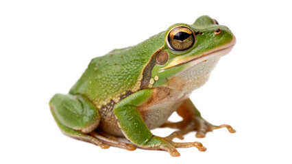Obraz premium Small vibrant green tree frog sitting profile isolated on a transparent background wildlife element