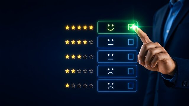 Businessman touching a glowing green checkmark on a five star customer satisfaction interface representing excellent corporate service evaluation