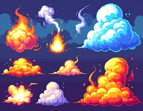 A vibrant cartoon illustration of various cloud and fire effects
