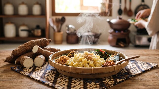 Indonesian food tiwul in a plate, nasi tiwul di dalam piring bambu