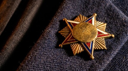 Fototapeta premium Vintage Gold Star Military Decoration Pinned On A Dark Wool Uniform