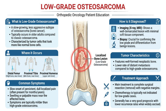 Medical infographic showing low-grade osteosarcoma bone cancer anatomy, symptoms, diagnosis, and treatment overview.