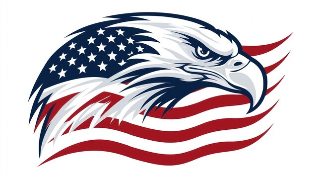 Bald eagle head in profile with white feathers and gold beak, merging into a waving American flag.