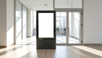 Fototapeta premium Empty white screen digital billboard mockup in a spacious, modern hall, offering a clean template for dynamic advertising and content display solutions