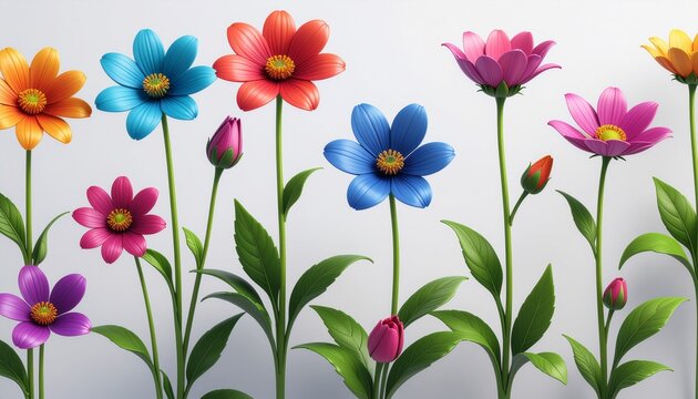 Vibrant stylized garden flowers on green stems against white background, showcasing colorful spring blossoms and growth
