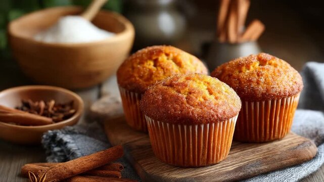 Freshly baked pumpkin muffins on rustic wooden table with autumn spices Pumpkin Muffins for Little Bakers cozy autumn snack concept of autumn baking and cozy food