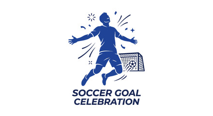 Obraz premium Soccer player celebrating goal with ball and net dark blue silhouette
