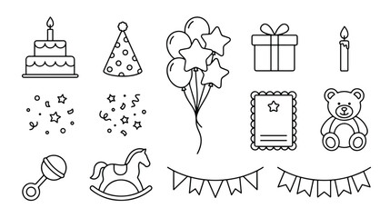 Birthday party line icons set, celebration elements with cake and balloons, baby shower nursery symbols, 12 vector outline graphics for greeting cards © Saad