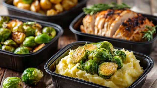 Grilled chicken meal prep with Brussels sprouts and mashed potatoes on wood table Meal containers with cauliflower mash roasted Brussels sprouts concept of healthy homemade meal prep