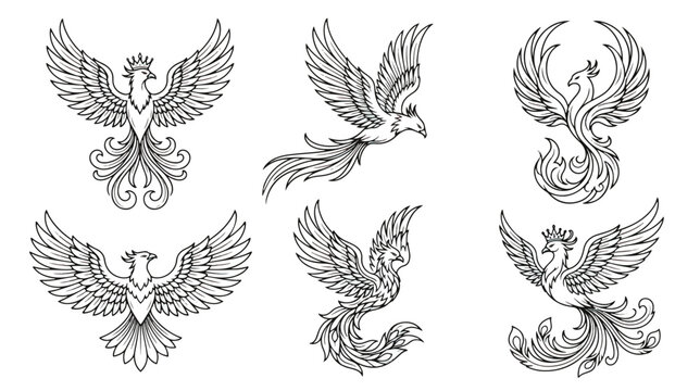 Mythical phoenix bird line art collection, set of 6 firebird vector illustrations, elegant tribal phoenix tattoo designs for branding and apparel