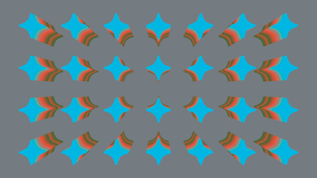Abstract 3d pattern of glowing cyan starshaped pillars with red and green gradient sides on a solid gray background
