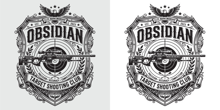 Obsidian elite target shooting club vintage emblem with eagle and sniper rifle on bullseye