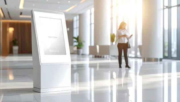 Modern white digital signage kiosk mockup standing in a bright corporate lobby office hall interior