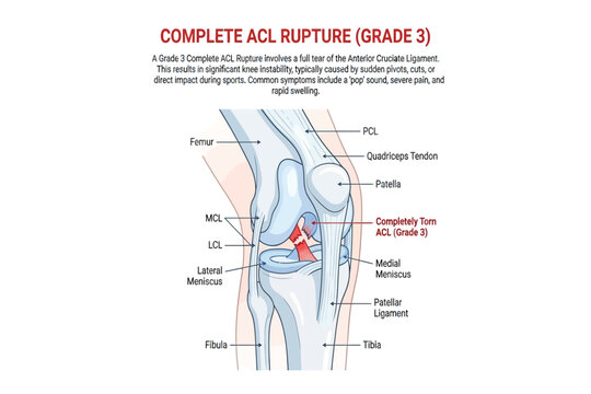 Complete ACL rupture infographic showing torn ligament anatomy, symptoms, instability and sports injury. eps 10