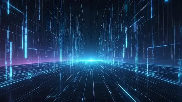 A digital tunnel with glowing blue data streams and light lines