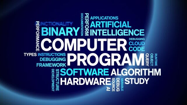Computer Program animated word cloud-text design animation tag kinetic typography seamless loop.