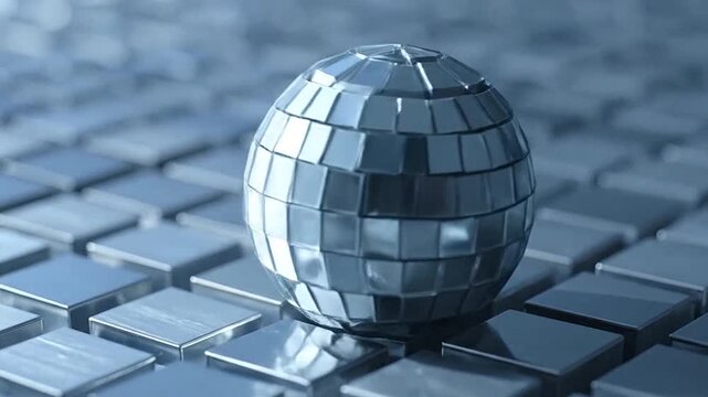 A reflective metallic sphere resting on a grid of metal cubes
