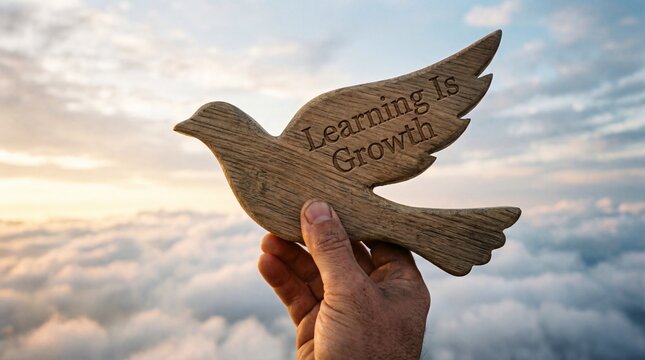 Person holds wooden bird with Learning Is Growth text above cloudy sky at sunrise