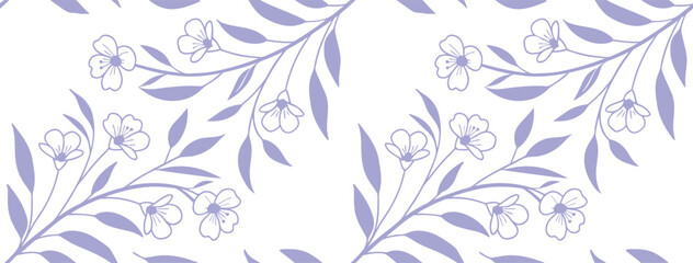 Fototapeta premium Seamless floral branch pattern with elegant purple line art blossoms and leaves on white background. Decorative botanical design perfect for textiles, wallpaper, packaging and prints.