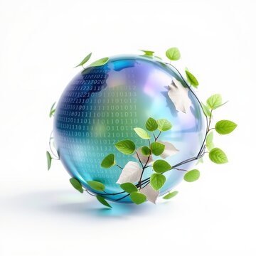 Globe encased within bubble. Binary code visible, entwined with vibrant green foliage. Symbolizes digital world, nature connection.