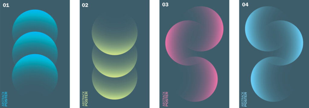 Set of four abstract posters with gradient circular shapes on a dark background