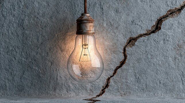 Old light bulb illuminates a deep crack in a concrete wall, representing an idea bringing light to a difficult situation.