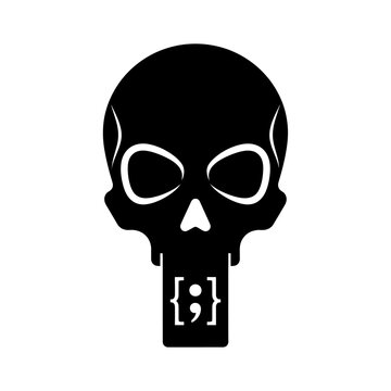 Black skull silhouette with programming brackets in mouth.