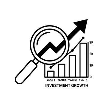 A magnifying glass zooms in on a growing bar graph with an upward arrow, symbolizing investment growth.