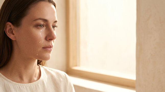 Person looking out a window with a tear rolling down their cheek