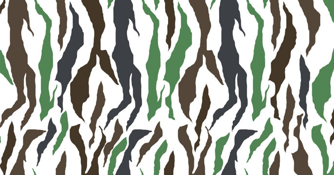 Abstract seamless zebra stripe pattern with earthy green, brown, gray, and black animal print. Modern organic camouflage design creates a bold repeating background. Perfect for fabric, wallpaper, 