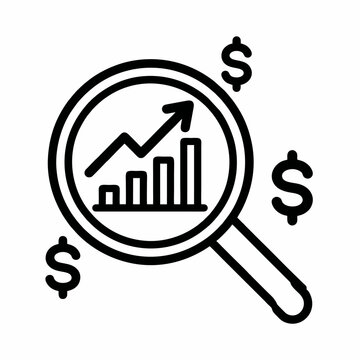 A magnifying glass shows a growing graph with dollar signs