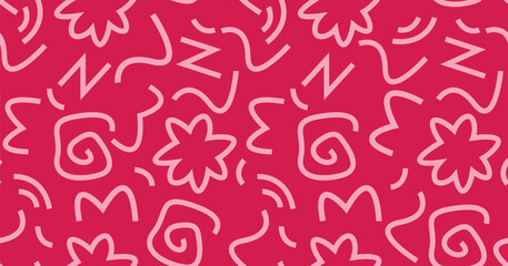 Seamless abstract doodle pattern with floral motifs, spirals and playful line elements on vibrant pink background. Fun decorative design ideal for textiles, wrapping paper and creative prints. © Parul