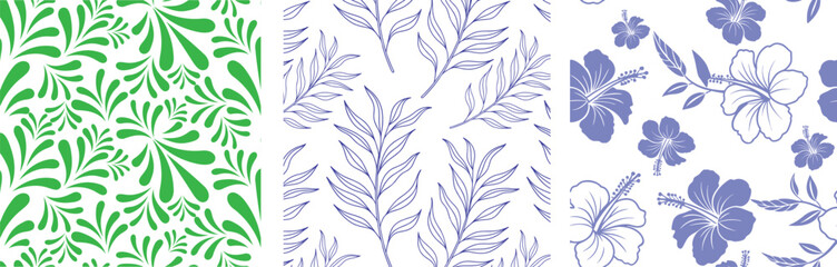 Fototapeta premium Collection of seamless botanical patterns featuring leaves, branches and floral motifs in elegant line art. Decorative nature inspired designs ideal for textiles, wallpaper and packaging.