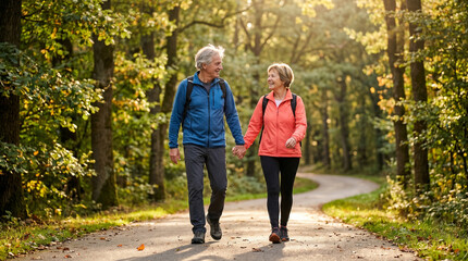 Fototapeta premium Senior couple walking together in a sunny autumn forest