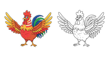 Fototapeta premium Colorful Rooster Cartoon Coloring Page
