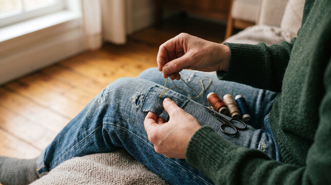 Person mending torn blue jeans with needle and thread