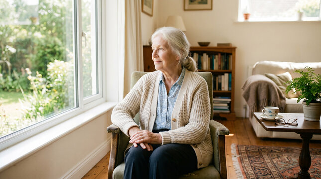 Thoughtful senior woman looking out the window at home