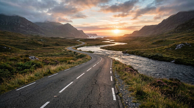 Winding scenic road running alongside a river through a mountain valley at sunset